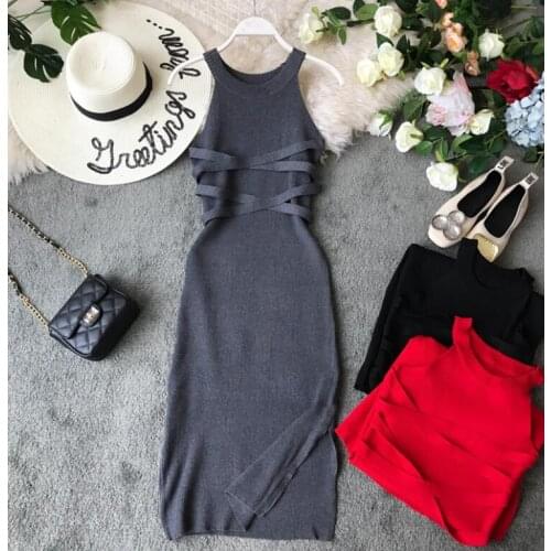 Womens spring summer knitted slim split casual dress female fashion elastic sleeveless chic tank dress TB111
