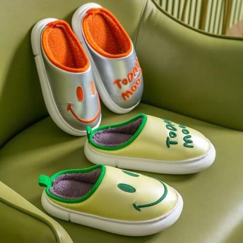 Winter Slippers for Women Smile Face Embroidery Waterproof Upper EVA Antiskid Outsole Plush Fur Lining Flat Shoes for Couples