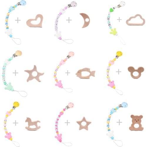 2Pcs/Lot Personalise Name Baby Pacifier Clips Teething Baby Animal Beech Chew Toys + Silicone Pacifier Chain Newborn Dummy Clips