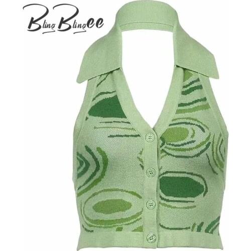 BlingBlingee Green Knitted Shirt Summer Sexy Sleeveless Backless Deep V Halter Crop Tops Women Casual Blouses Sexy Slim Female