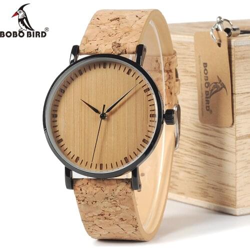 BOBO BIRD WE19 Top Quality Round Watches Bamboo Face with Stainless Steel Case Cork Leather Bands with Gift Box Drop Shipping