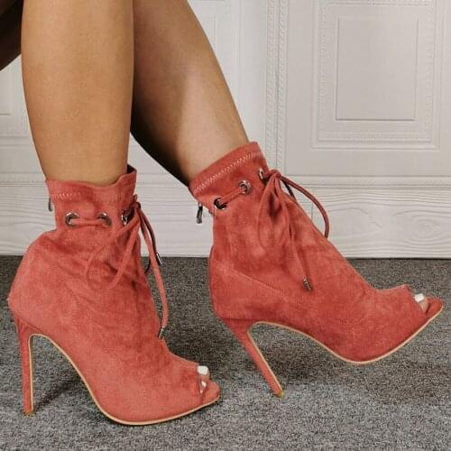 BERZIMER Women Ankle Boots Back Zip Peep Toe Faux Suede Thin High Heels Booties Female Ladies Shoes Woman Large Size 41 44 47