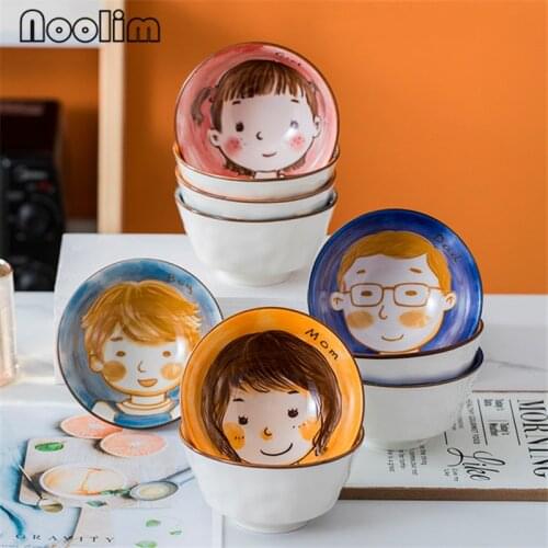 European Ceramic Parent Child Rice Soup Dessert Bowls Hand Painted Cartoon Cute Family of Four Ramen Noodle Bowl Tableware