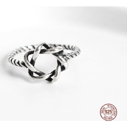 LKO 925 Sterling Silver Six Pointed Star Adjustable Open Ring Vintage Personality Women Fashion Trend Jewelry Star Accessories