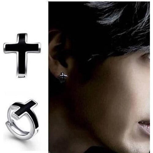 Fashion Cross Mens Stud Earrings Black Color Huggie Earring Punk Cool Male Jewelry