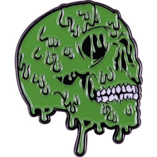 Spooky Green Melt Toxic Slime Skull Metal Enamel Lapel Clothes Coats Backpack Bag Badge Brooch Pin Accessories