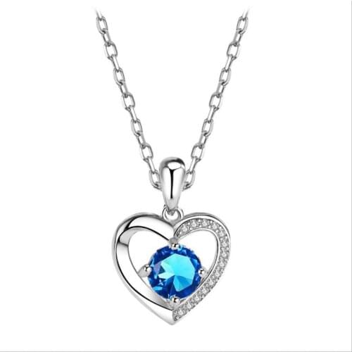 Fashion Lady Silver 925 Necklace For Women Jewelry Bright Crystal Blue Heart Necklace Girls Chain On Neck Pendant Female Bijou