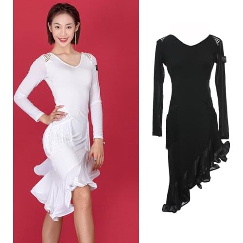 Adults Latin Dress Sexy Mesh Tassel Irregular Dresses Rumba Samba Salsa Cha Cha Dance Practice Performance Wear Ladies DN4944