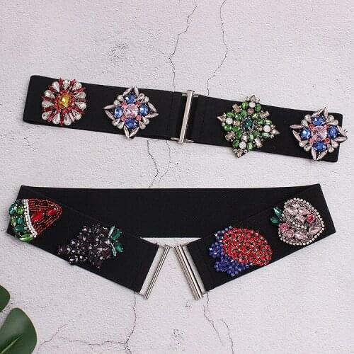 European Fruit Flower Beading Rhinestone Waistband Female Luxury Crystal Gems Waist Belt Hook Elastic Strech Corset Belt Caestus