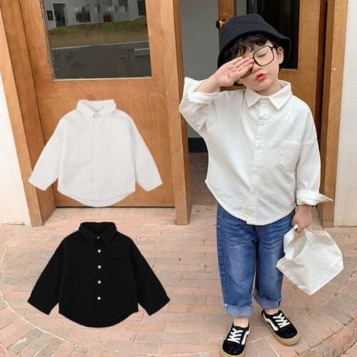 Boys Shirts Long Sleeve Solid Turn Down Collar Shirt For Boys White Black Kids Clothes BB54
