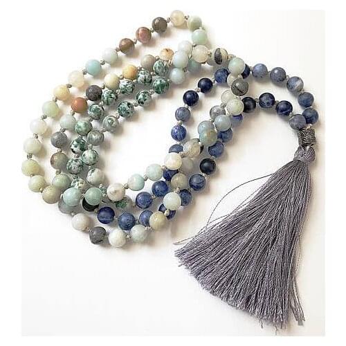 Handmade Hot Chakas Healing Bless DIY Sutra 8mm Natural Amazonite silvery 108 Mala Tassels Necklace Ruyi cuff Unisex Wristband