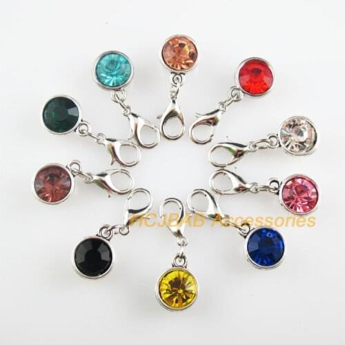 10 New 10x13mm Charms Mixed Round Crystal Tibetan Silver Plated Retro With Lobster Claw Clasps