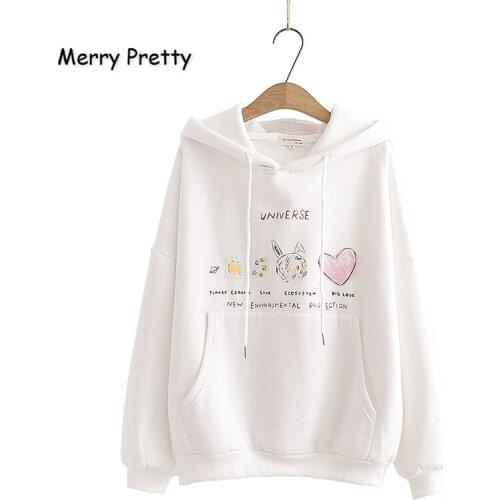 MERRY PRETTY Womens Harajuku Cartoon Print White Hoodies Sweatshirts Winter Plus Velvet Hooded Pullovers Patchwork Tracksuit