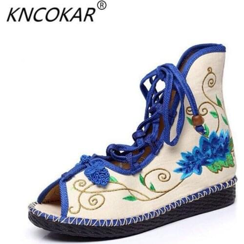 2017 Spring and summer cloth shoes folk embroidered shoes flat shoes with Roman sandals fish mouth womens shoes