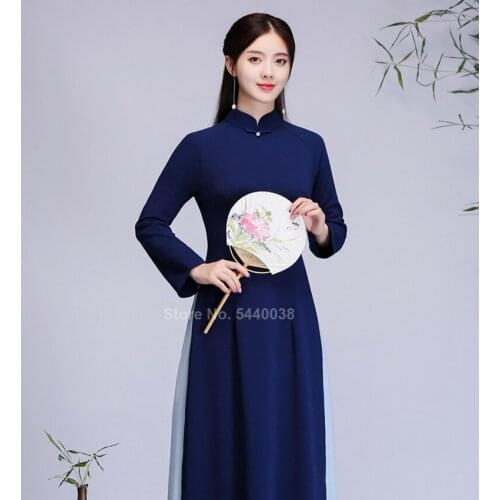 Oriental Vietnam Ao Dai Patchwork Tight Bodycon Women Cheongsam Qipao Dress Traditional Chinese Costumes New Year Wear