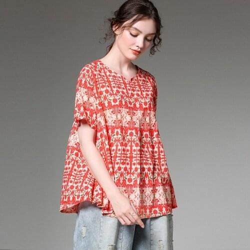 Plus-size womens 2019 summer new loose show thin v-neck hemp cotton printed short sleeve tops casual big size Elegant T-shirt