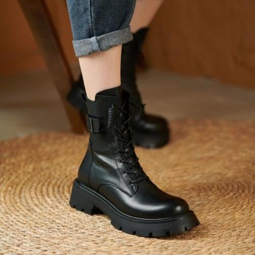 2021 Concise Winter Black Women Ankle Boots Round Toe Thick Heel Boots Platform Shoes Genuine Leather zipper Flat With Shoes