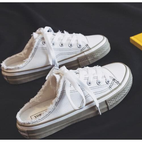 Hot 2021 Summer New Slipper Trendy Shoes Non-Heel Canvas Shoes White Lady Stylish Sneakers No Back Solid Color Fashion Trainers