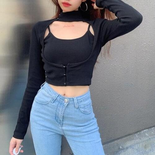 Sexy Design Sense Hollow Vest Button Two-piece Outerwear Autumn and Winter New Style Black Personality Slim Top Women