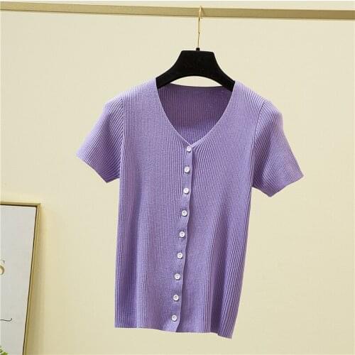 Knitted Sweaters Women Summer New Single Breasted Solid Simple Short Sleeve Knitting V Neck Slim Stretch Ribbed Button Knitwear