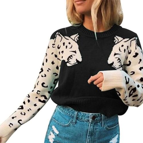 Women Leopard Animal Pattern Sweater Ladies Fashion Casual Autumn Winter Knit Pullover Long Sleeve Knitted O Neck Knitwear Top