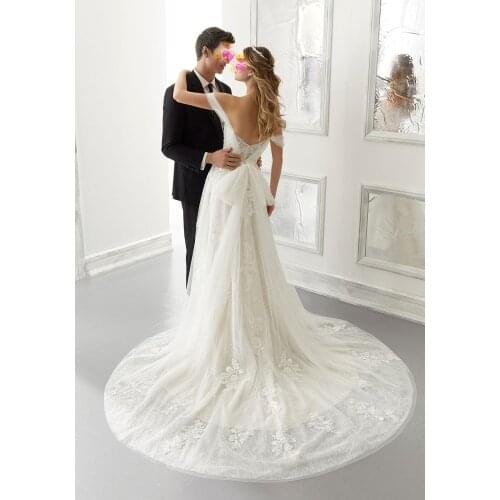 Off Shoulder Wedding Dress A Line Tulle Lace Wedding Dresses Sweetheart Bow Back Tulle Long Train 2020 Dresses Ladies