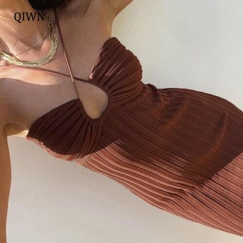 Ribbed Knit Cut Out Sexy Backless Halter Dresses Women Summer Elegant Sleeveless Split Midi Dress Bodycon Clothes