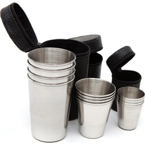 ZK30 30/70/150ml Outdoor Camping Tableware Travel Cups Set Picnic Supplies Stainless Steel Wine Beer Cup Whiskey Mugs PU Leather