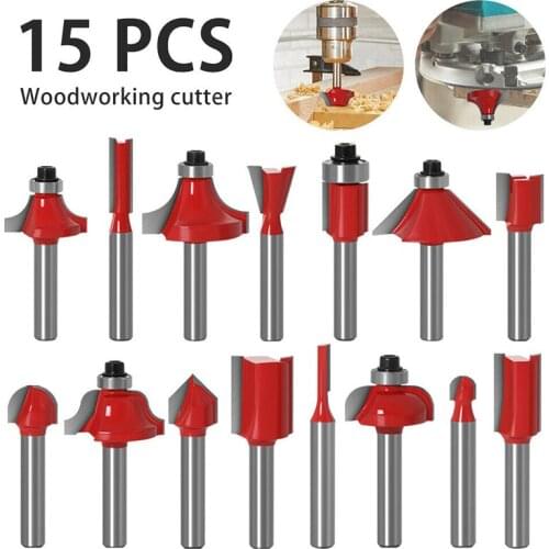 15pcs 1/4'' Milling Cutter Router Bits Set Woodworking Milling Cutter Tungsten Carbide Tools Combination Flower Cutter Accessory