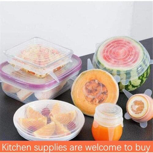 6 silicone stretch lids, reusable food preservation lids, elastic bowl lids, sealed bowls, elastic wrappers, kitchen cookware