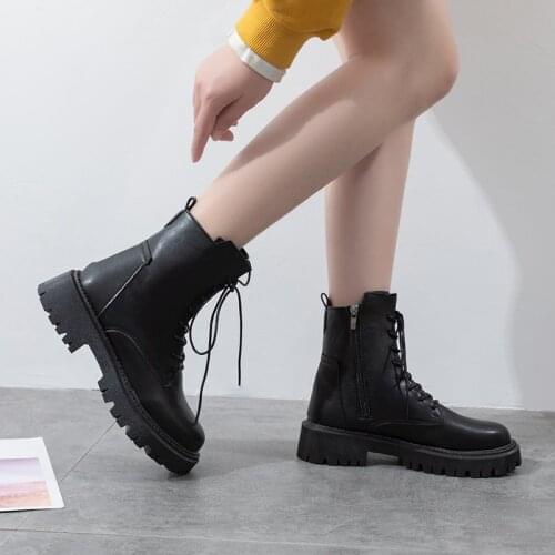 WomenS Autumn Shoes Woman Wedge Medium Heel Platform Leather Ankle White 2021 Martin Boots For Lady Winter Sneakers Black 35-40