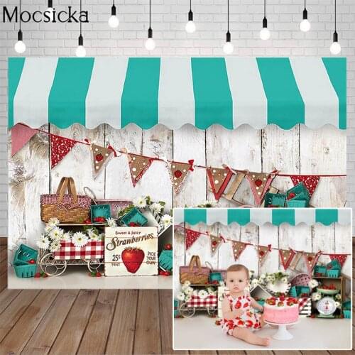Sweet Strawberry Store Photography Background Fruit White Wood Board Banner Child Girl Portrait Cake Smash Backdrop Photo Studio