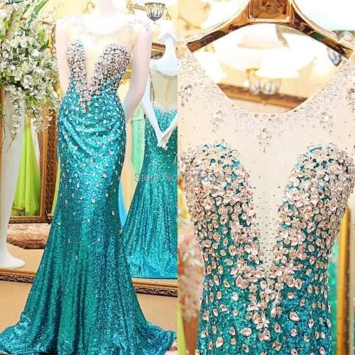 Free Shipping 2021 New Sexy Mermaid Scoop Sequins Crystal Beading Evening Dress Long Dubai Kaftan Custom Size EX21