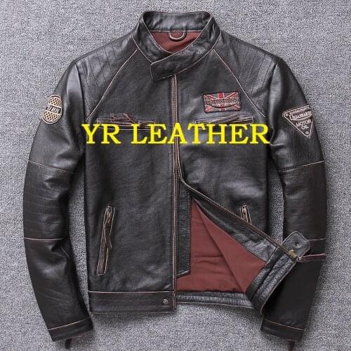 YR!Free shipping.fashion motor biker genuine leather jacket.100% cowhide coat.mens plus size slim leather jackets,Popular sales