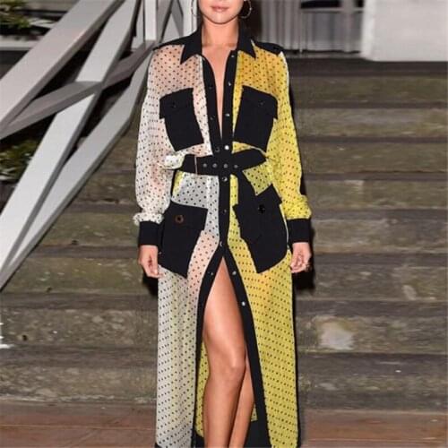 Lapel Contrast Color with Belt Polka Dot Button Cardigan Long-sleeved Jacket Long Womens Dress Party Birthday Dress for Women