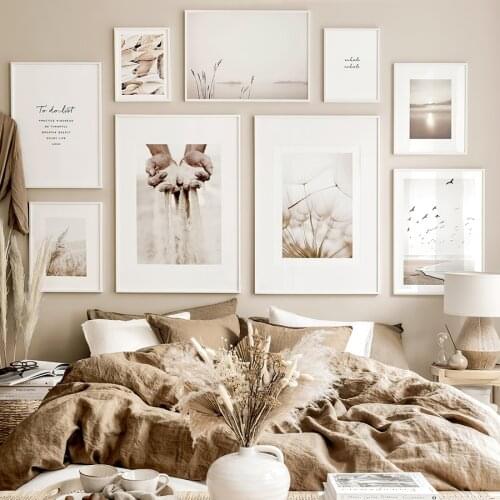 Beige Dandelion Reed Canvas Painting Nordic Scandinavian Sunset Ocean Lake Nature Poster And Print Wall Art Picture Home Decor