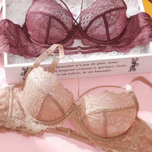 Female Sexy Ultra Thin Lace Bra And Panties Set Plus Size Lingerie Underwire Push Up Brassiere Transparent Womens Underwear Set