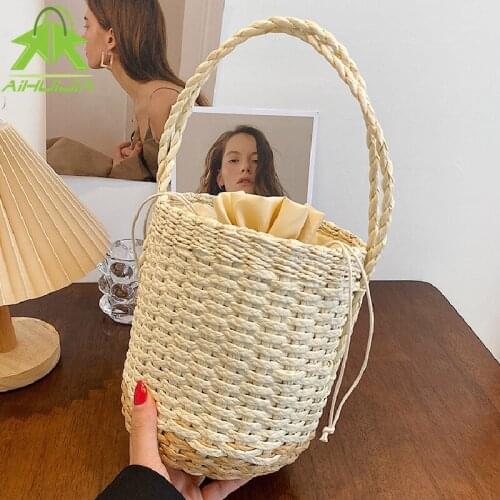 Summer Straw Beach Bags for Women 2021 New Fashion Drawstring Design Handmade Woven Female Bucket Handbag Bohemia Travel Tote