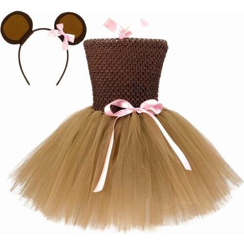 Cute Brown Monkey Tutu Dress Girls Knee Length 1-14Y Baby Girls Animal Dress Up Costume Outfit Carnival Birthday Party Dresses
