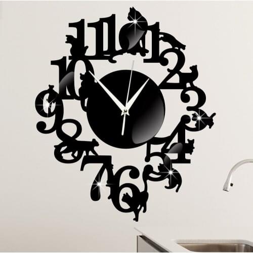 Black cat wall clock Living room decoration Creative Cartoon wall clock Cat on shelf Acrylic wallsticker DIY plastic Watch
