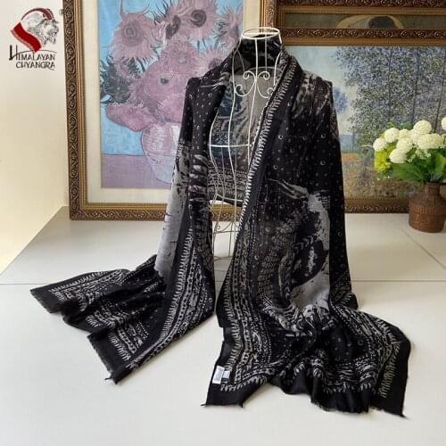 NEPALESE HAND PRINTED 100% MARINO WOOL SCARF SHALW SOFT & WARM THIN FACTORY DIRECT Black and White