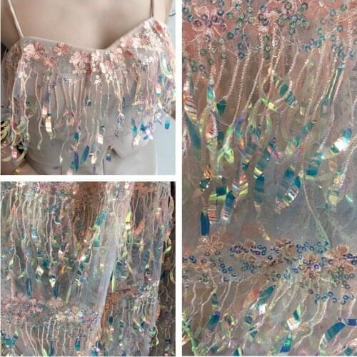 LASUI New special Heavy beaded sequins+tassel embroidery flower mesh lace fabric diy for Latin Dance/evening Dress fabric W0062