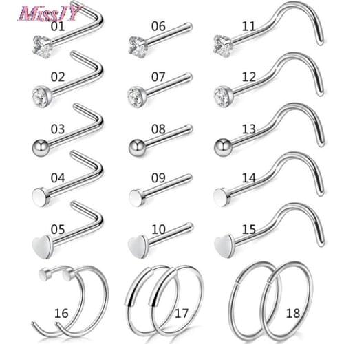 20G 5Pcs/9Pcs/21Pcs Nose Studs Surgical Steel Nostril Studs Screws Nose Ring Hoop Body Piercing Silver Color Heart Nose Stud