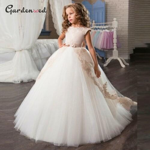 Puffy Tulle Lace Ball Gown Flower Girl Dresses Lace Girl Princess Dress Illusion Girl Wedding Party Dress First Communion