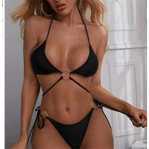 Sexy Black Micro Triangle Bikini String Swimwear Ring Swimsuit Women 2021 Bathing Suit Thong Two Piece Bikinis Set Biquini Femme