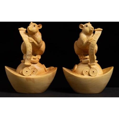 2Pcs Ingot Mouse Boxwood Sculpture Living Room Decoration Feng Shui Solid Wood Crafts Lucky Zodiac Rat Statue Home Decor