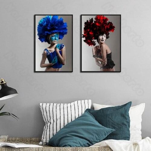 Modern Fashion Style Canvas Painting and Posters Art Bony Woman with Crystal Blue and Red Feather Hat for Home Rooms Decoration