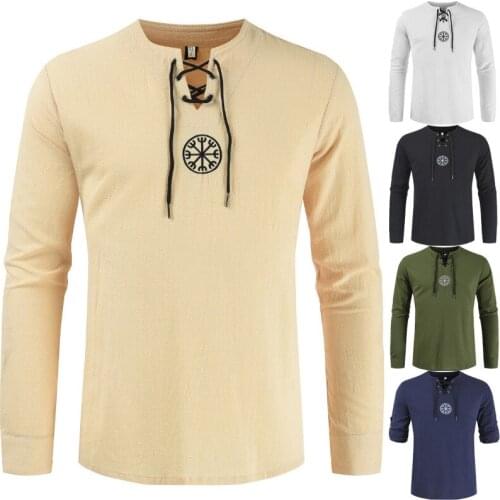 Medieval Viking Pirate Linen Top Shirt Costume Renaissance Mens Nordic Retro T-shirt Beard Cosplay Tee Lace-Up For Adult Belted