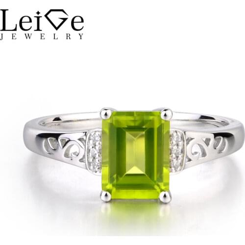 Leige Jewelry Real Natural Green Peridot Ring Engagement Rings Emerald Cut Gemstone August Birthstone Ring 925 Sterling Silver