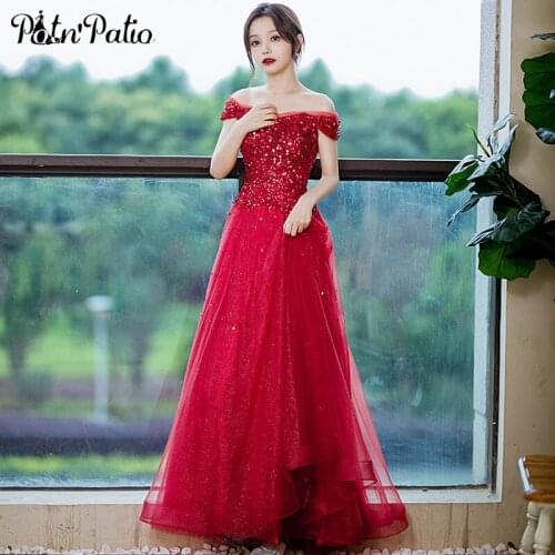 Wine Red Evening Dresses With Heavy Handmade Beads Sequins Elegant Off The Shoulder A-line Floor-length Long Women Formal Gowns